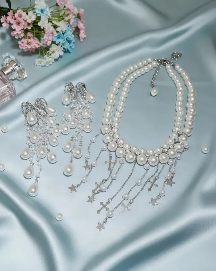Juego de Joyería Vintage Elegante de 3 Piezas para Mujer, Collar de Perlas con Borla, Gargantilla de Cristal Brillante, Aretes de Novia para Boda, Fiesta 1