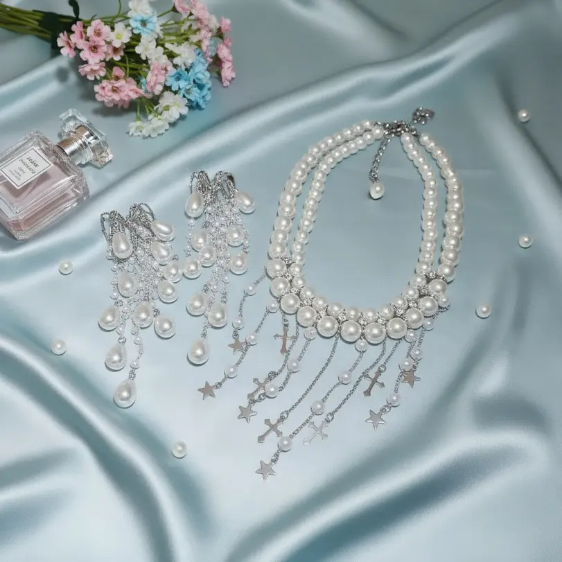 Juego de Joyería Vintage Elegante de 3 Piezas para Mujer, Collar de Perlas con Borla, Gargantilla de Cristal Brillante, Aretes de Novia para Boda, Fiesta 1
