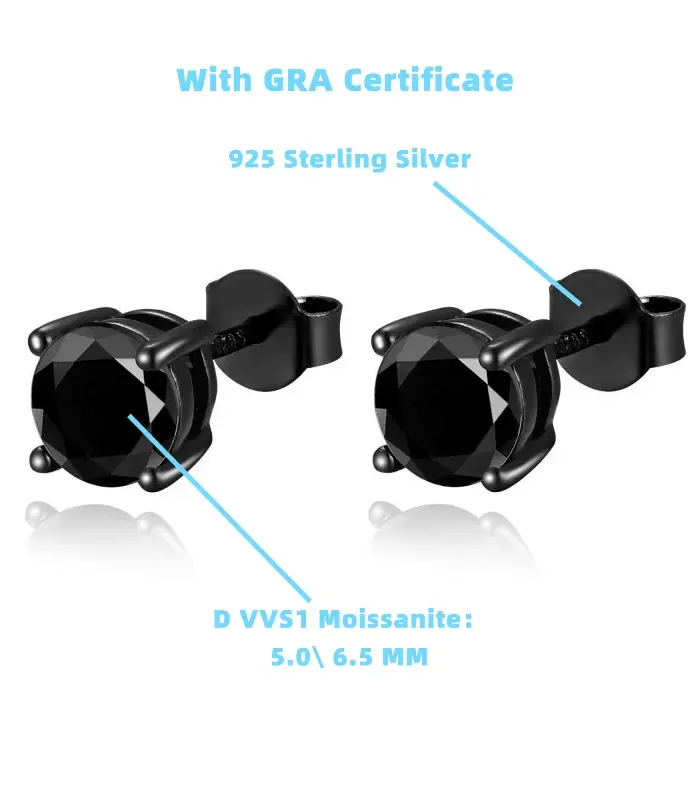 TY 0,5-1Ct Moissanite 925 pendientes tipo botón de plata fina para Mujeres Hombres pendiente negro circón gótico Moissanite joyería fina D VVS1 1
