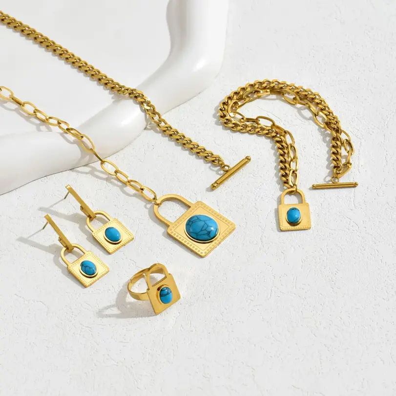Conjunto de joyería Vintage elegante para mujer, collar con forma de cerradura a la moda, gargantilla de turquesa con incrustaciones, pulsera de boda para fiesta, 5 uds. 4