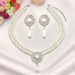 Juego de Joyería Vintage Elegante de 3 Piezas para Mujer, Collar con Forma de Gota de Perla, Gargantilla de Cristal Brillante, Aretes de Novia para Boda, Fiesta 1