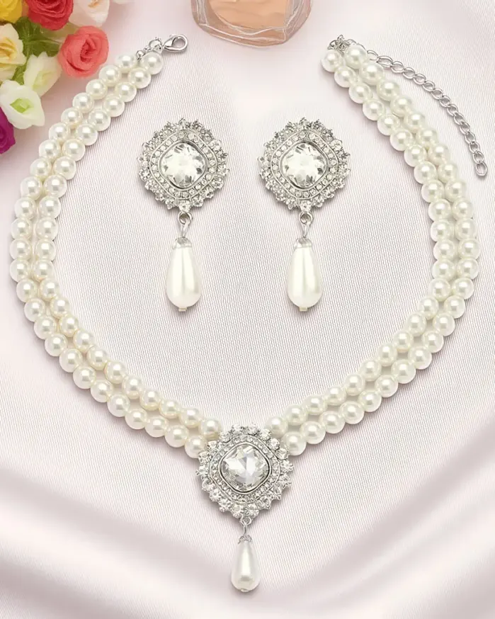 Juego de Joyería Vintage Elegante de 3 Piezas para Mujer, Collar con Forma de Gota de Perla, Gargantilla de Cristal Brillante, Aretes de Novia para Boda, Fiesta 1