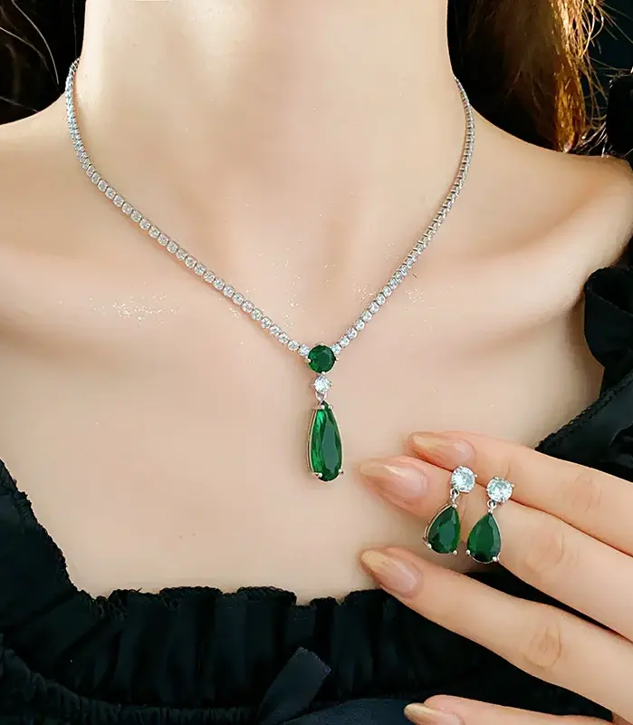 Juego de Joyería Vintage Elegante de 3 Piezas para Mujer, Collar con Gota de Agua Azul, Gargantilla de Cristal Brillante, Aretes de Novia para Boda, Fiesta 2