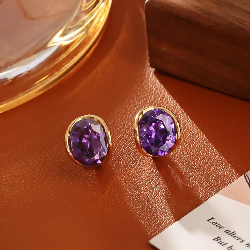 Juego de Joyería Vintage Elegante de 3 Piezas para Mujer, Collar con Cristales Brillantes y Piedras de Imitación Moradas, Gargantilla, Aretes para Novia, Boda, Fiesta 3