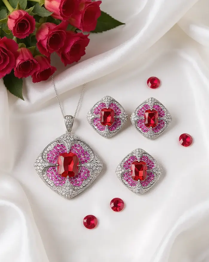 Conjunto de joyería Vintage elegante para mujer, collar de pétalos en forma de corazón rojo, gargantilla de cristal brillante, pendientes de boda para fiesta, 4 Uds. 1