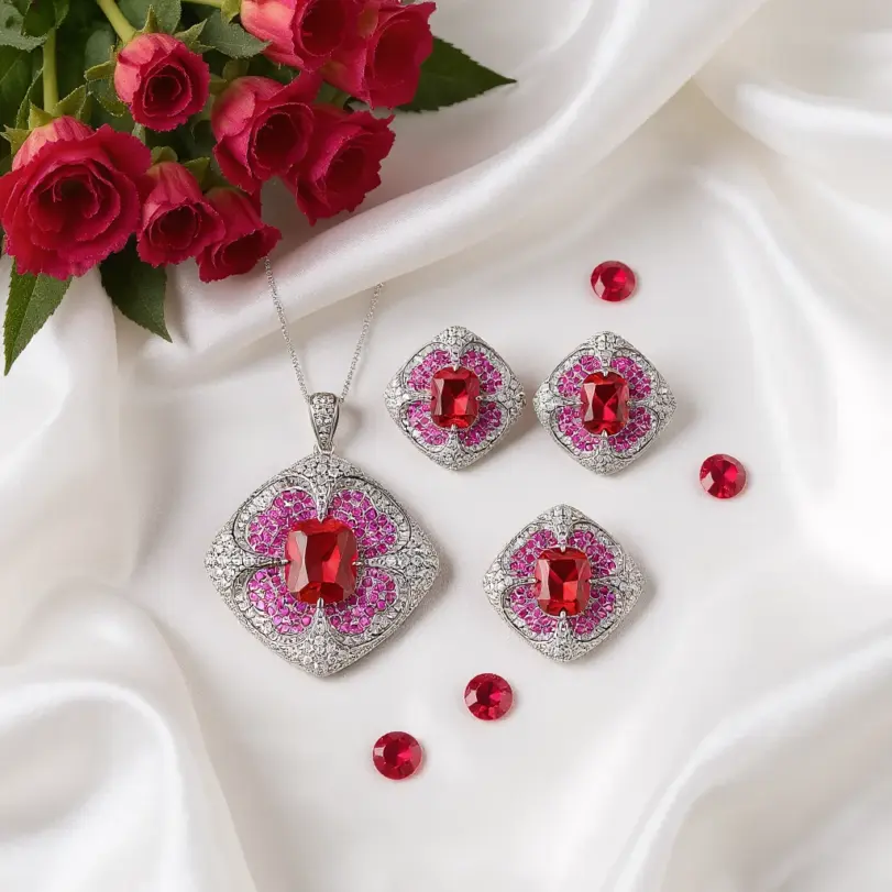 Conjunto de joyería Vintage elegante para mujer, collar de pétalos en forma de corazón rojo, gargantilla de cristal brillante, pendientes de boda para fiesta, 4 Uds. 1