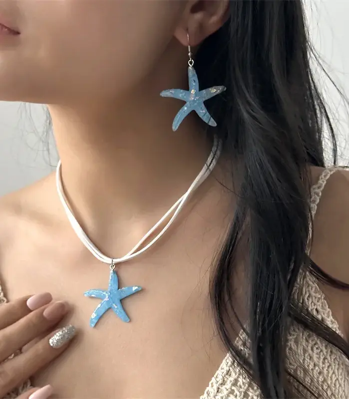 Conjunto de collar de verano para mujer, aretes de estrella de mar, collar estilo bohemio, conjunto de joyería para viaje a la playa y al océano, collar degradado blanco 1