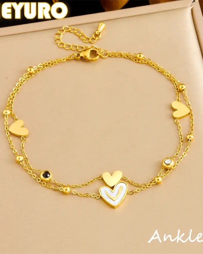 Tobilleras DIEYURO 316L de acero inoxidable con forma de corazón y circonita de doble capa para mujer, nueva tendencia, cadenas para pies, joyería antioxidante, regalo de vacaciones 1