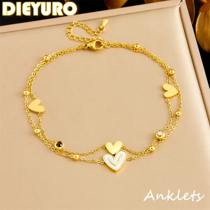 Tobilleras DIEYURO 316L de acero inoxidable con forma de corazón y circonita de doble capa para mujer, nueva tendencia, cadenas para pies, joyería antioxidante, regalo de vacaciones 1