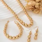 Juego de Joyería Elegante y Moderno de 4 Piezas para Mujer, Collar de Cuentas Doradas, Gargantilla Esférica de Metal, Pendientes para Uso Diario Informal 5