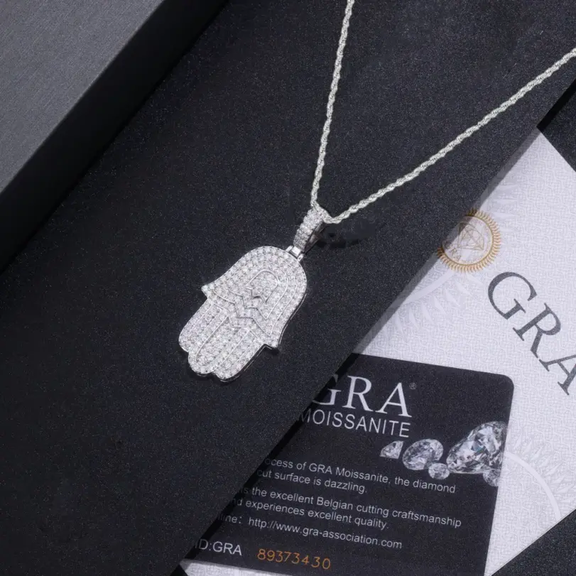 Collar de moissanita de Plata de Ley 925 TY para mujeres y hombres, collar con colgante de Palma de Hip Hop de moissanita completa, joyería fina de Navidad 2