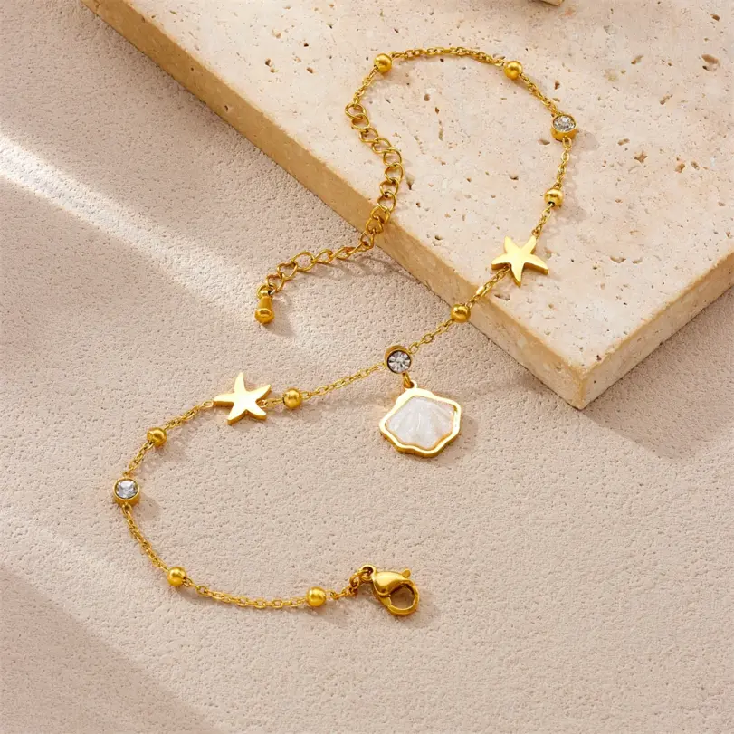 Tobilleras DIEYURO 316L de acero inoxidable amarillo vieira estrella de mar circón para mujer cadenas de pie de estilo marino regalo de joyería impermeable 5