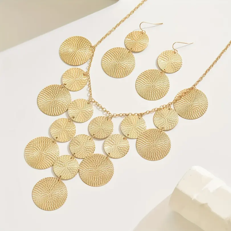 Set de Joyería de 3 Piezas con Discos Dorados para Mujer, Collar con Flecos en Cascada y Pendientes Colgantes con Monedas Texturizadas, Joyería Boho de Moda, Regalo 4