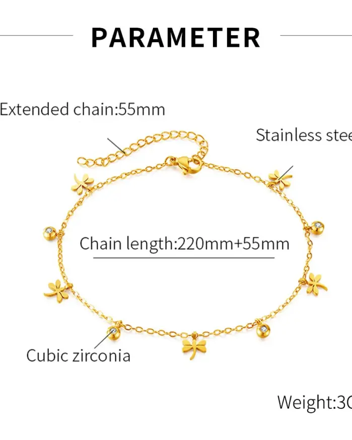 DIEYURO-tobillera con colgante de libélula dorada de acero inoxidable 316L para mujer, cadena para pie, joyería, regalo de vacaciones 2