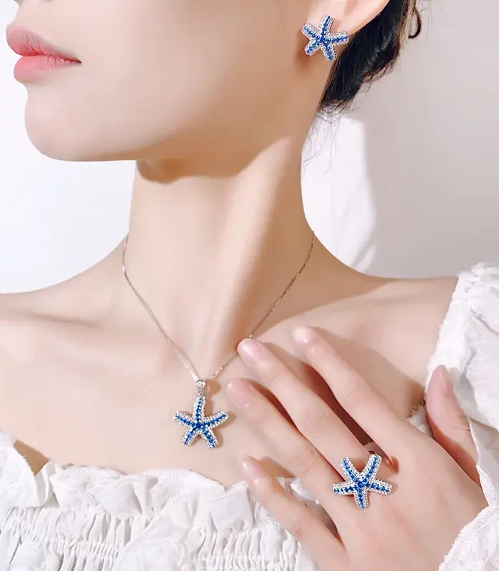 Conjunto de joyería Vintage elegante para mujer, collar de estrella de mar de zafiro, gargantilla de cristal brillante, pendientes de boda para fiesta, 4 Uds. 2