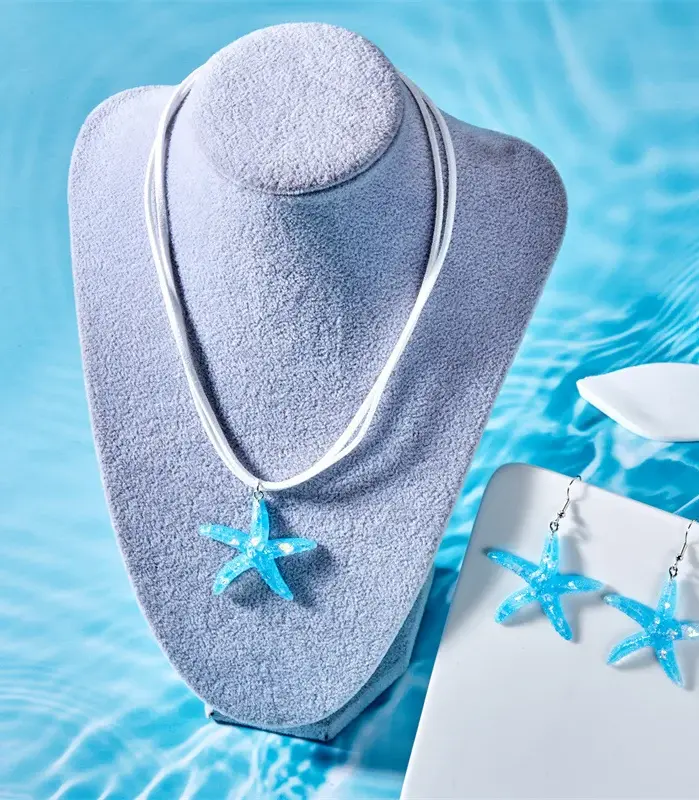 Conjunto de collar de verano para mujer, aretes de estrella de mar, collar estilo bohemio, conjunto de joyería para viaje a la playa y al océano, collar degradado blanco 2