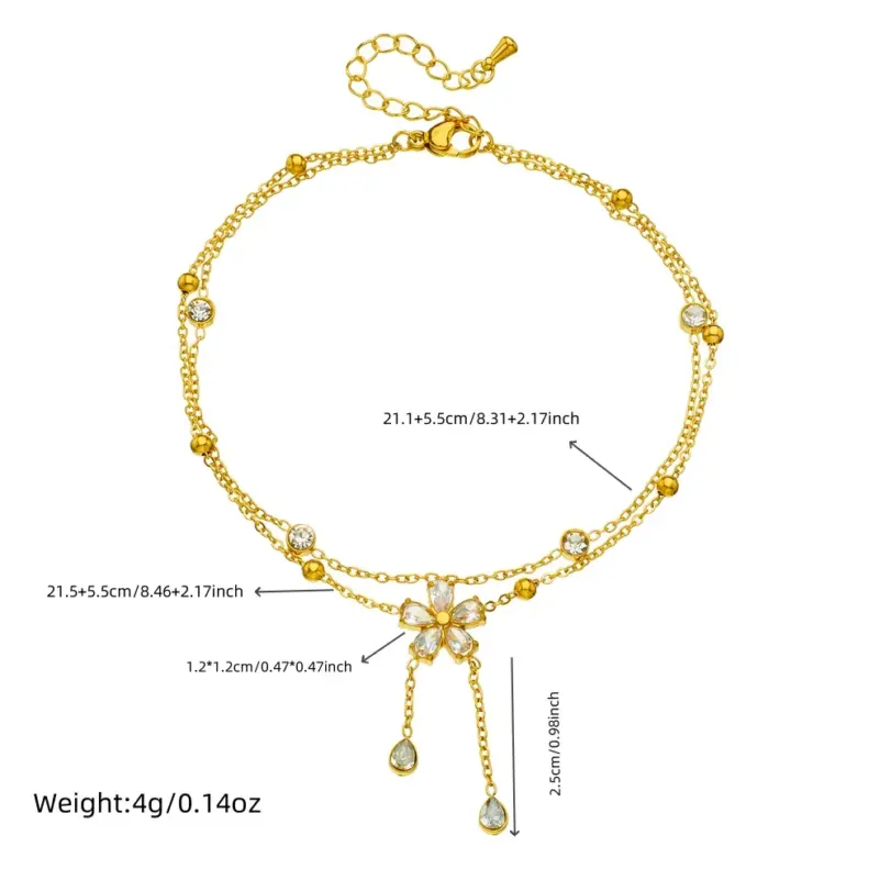 DIEYURO-tobillera de doble capa con borla de flores y diamantes de imitación blancos de acero inoxidable 316L para mujer, cadena para pie a la moda, joyería, regalo de vacaciones 2