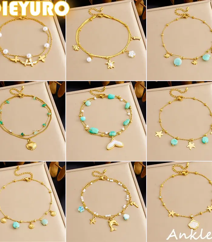 DIEYURO 316L Acero inoxidable concha de mar estrella de mar perla océano serie tobilleras para mujeres tendencia cadenas de pie regalo de joyería antioxidante 1