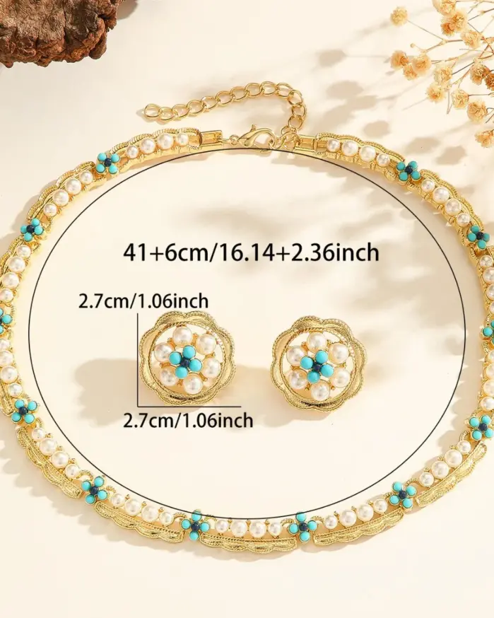 Conjunto de Collar y Pendientes Margarita con Marco Dorado Vintage, Cadena de Perlas Tejidas con Cuentas Pequeñas Multicolor, Estilo Retro Barroco Exquisito Apilable 2