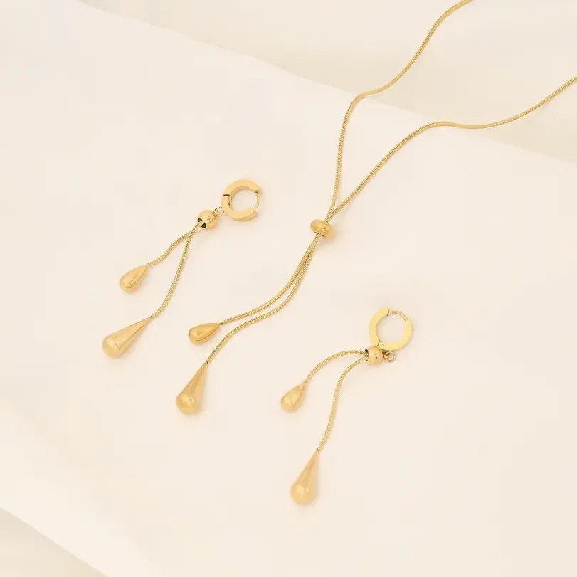 Juego de 3 piezas: collar y pendientes ajustables de acero inoxidable 316L, nuevo modelo de joyería de moda en color dorado para mujer, ideal como regalo para fiestas. 5