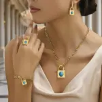 Conjunto de joyería Vintage elegante para mujer, collar con forma de cerradura a la moda, gargantilla de turquesa con incrustaciones, pulsera de boda para fiesta, 5 uds. 1