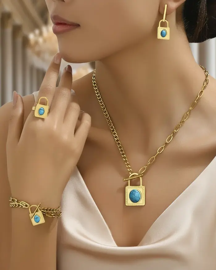 Conjunto de joyería Vintage elegante para mujer, collar con forma de cerradura a la moda, gargantilla de turquesa con incrustaciones, pulsera de boda para fiesta, 5 uds. 1