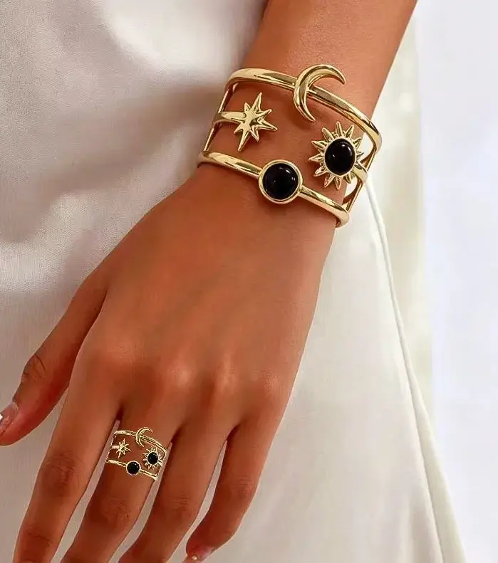 Conjunto de Joyería Boho Europeo Americano con Diseño de Sol, Luna y Estrellas, Brazalete Hueco con Imitación de Turquesa, Accesorios de Fiesta para Mujer 2