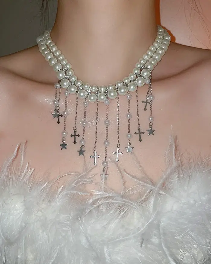 Juego de Joyería Vintage Elegante de 3 Piezas para Mujer, Collar de Perlas con Borla, Gargantilla de Cristal Brillante, Aretes de Novia para Boda, Fiesta 2