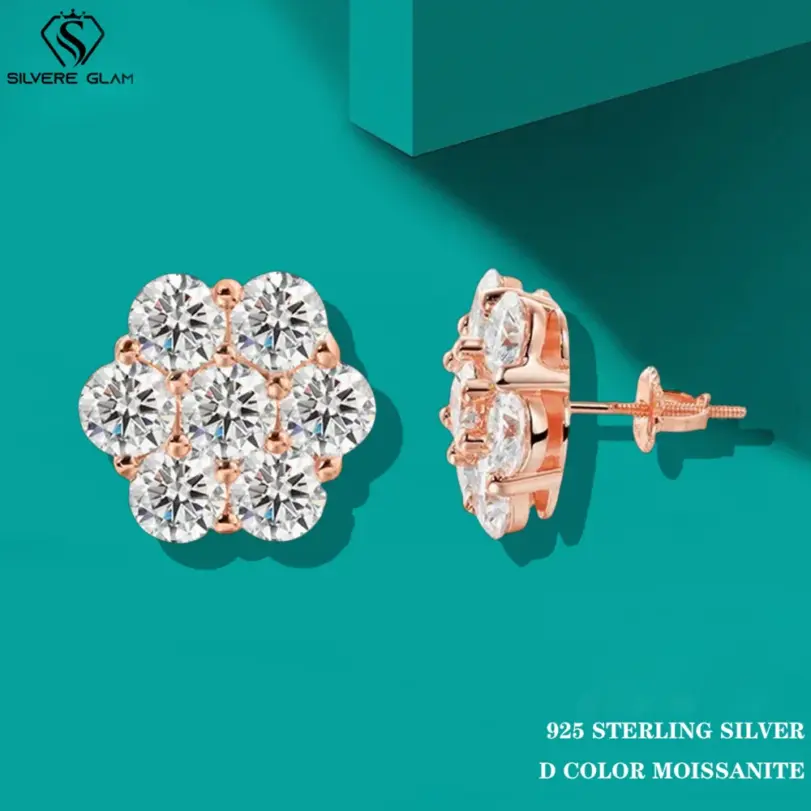 Pendientes TY Moissanite para mujer, pendientes de plata de ley 925 con forma de flor, oro rosa, Color D VVS1, joyería fina, regalo de fiesta 1 Pendientes TY Moissanite para mujer, pendientes de plata de ley 925 con forma de flor, oro rosa, Color D VVS1, joyería fina, regalo de fiesta 1