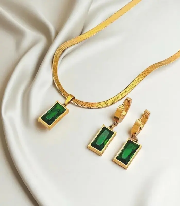 3 uds. De pendientes de collar de circón de cristal verde cuadrado de acero inoxidable para mujer y niña, nuevos conjuntos de joyería que no se decoloran a la moda 1