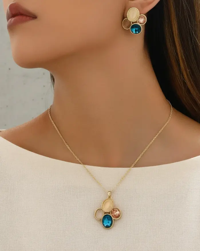 Conjunto de joyería Vintage elegante para mujer, collar de elipse de circón de colores, gargantilla de cristal brillante, pendientes de boda para fiesta, 3 uds. 1
