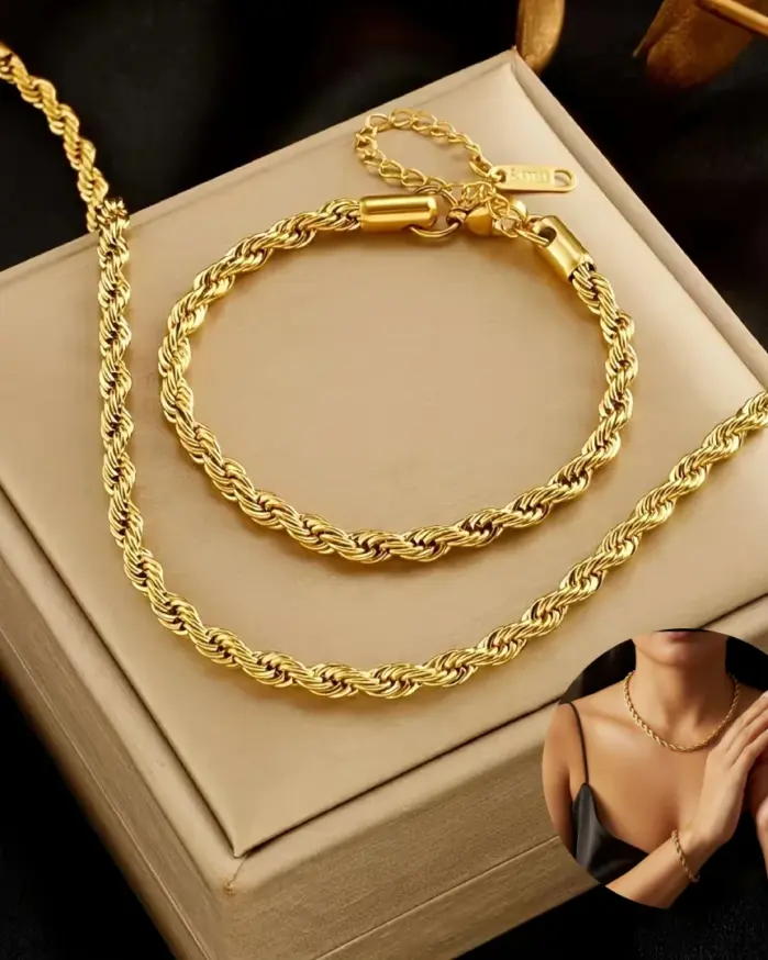 Conjunto de pulsera y collar de acero inoxidable de Color dorado, diseño elegante y Simple, accesorios para fiesta navideña de pareja, 2 uds. 1