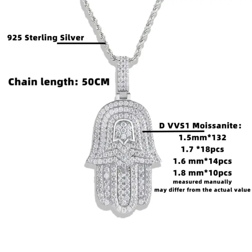 Collar de moissanita de Plata de Ley 925 TY para mujeres y hombres, collar con colgante de Palma de Hip Hop de moissanita completa, joyería fina de Navidad 6