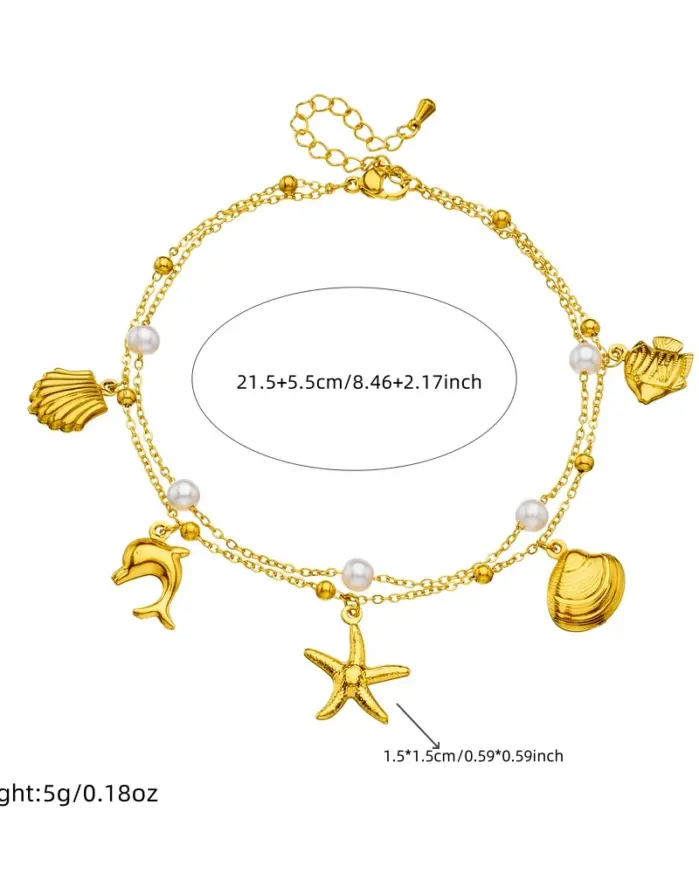 DIEYURO 316L Acero inoxidable Golden Dolphin estilo océano perla tobilleras de doble capa mujeres tendencia pie cadenas joyería regalo de vacaciones 2