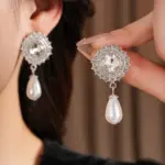 Juego de Joyería Vintage Elegante de 3 Piezas para Mujer, Collar con Forma de Gota de Perla, Gargantilla de Cristal Brillante, Aretes de Novia para Boda, Fiesta 4