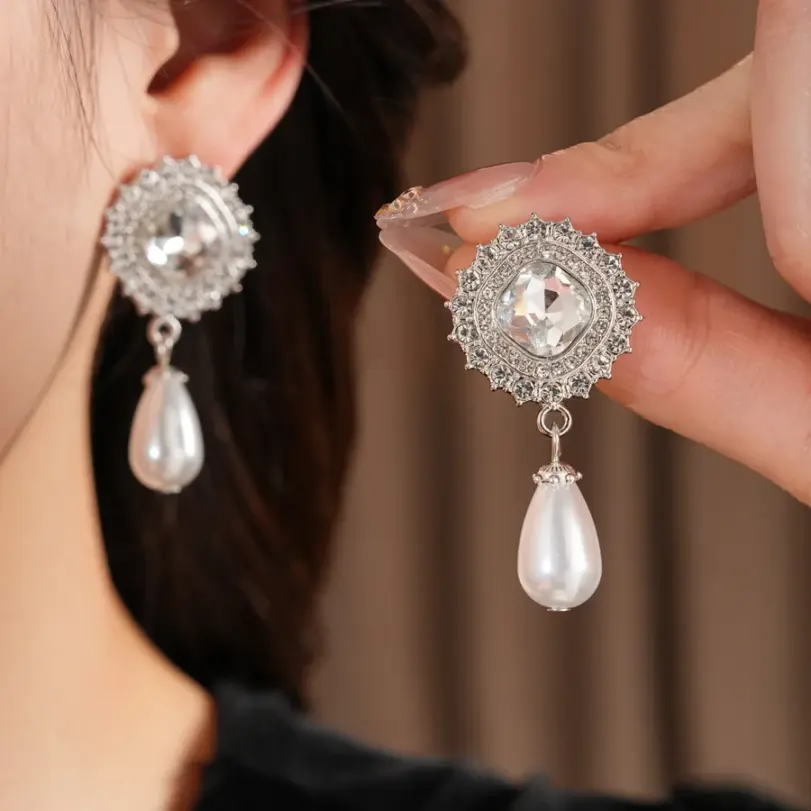 Juego de Joyería Vintage Elegante de 3 Piezas para Mujer, Collar con Forma de Gota de Perla, Gargantilla de Cristal Brillante, Aretes de Novia para Boda, Fiesta 4
