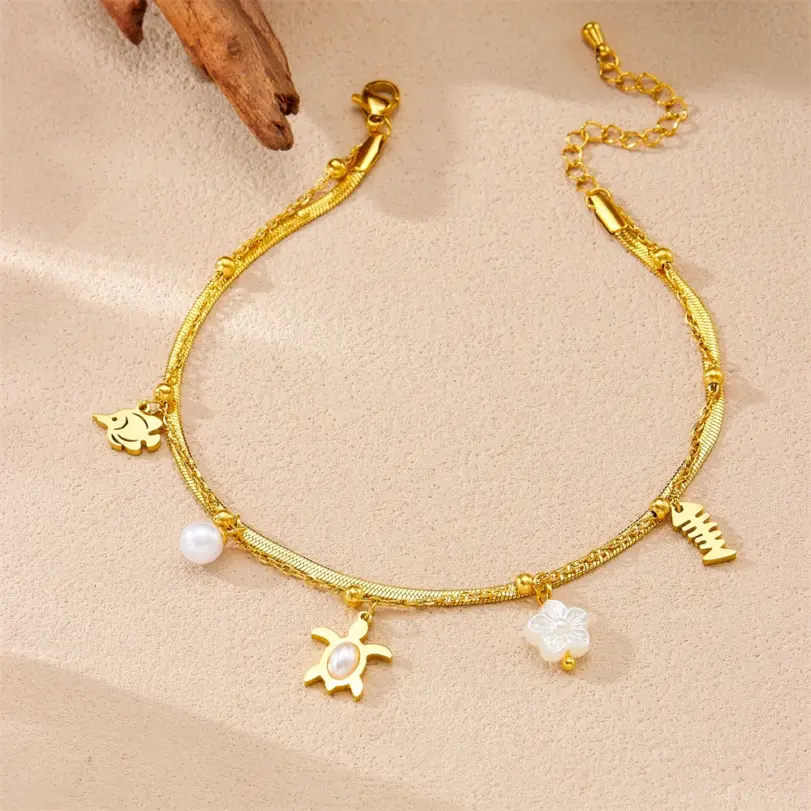 Tobilleras DIEYURO 316L de acero inoxidable con perlas de pez tortuga y perlas de doble capa para mujer, nuevas cadenas para pies, joyería antioxidante, regalo glamoroso 4