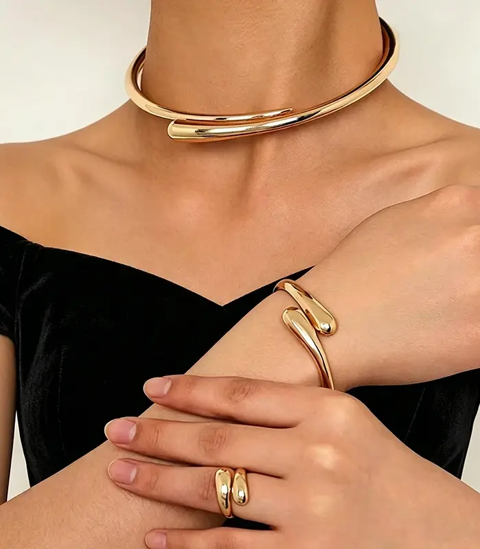 Juego de Joyería Elegante de 2/3 Piezas: Brazalete Abierto Dorado, Collar con Colgante de Lágrima y Anillo Retro para Mujer, Accesorios de Moda, Regalo 1