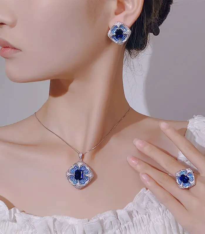 Conjunto de joyería Vintage elegante para mujer, collar de pétalos en forma de corazón azul, gargantilla de cristal brillante, pendientes de boda para fiesta, 4 Uds. 2