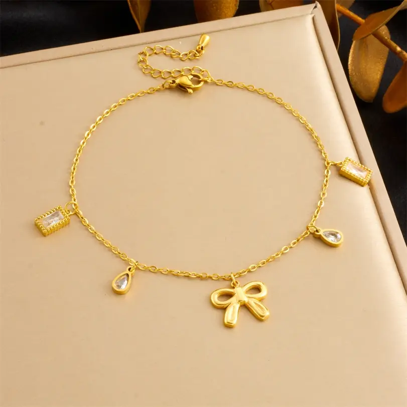 DIEYURO 316L Acero inoxidable lazo dorado corazón cuadrado circón tobillera para mujer tendencia moda cadena de pie joyería regalo de vacaciones 6