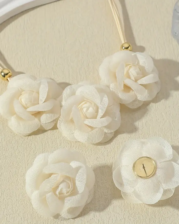 Conjunto de Collar y Pendientes de Rosa 3D de Tela, Flor Rosa de Gasa, Joyería Romántica Coquette, Adornos y Accesorios 2