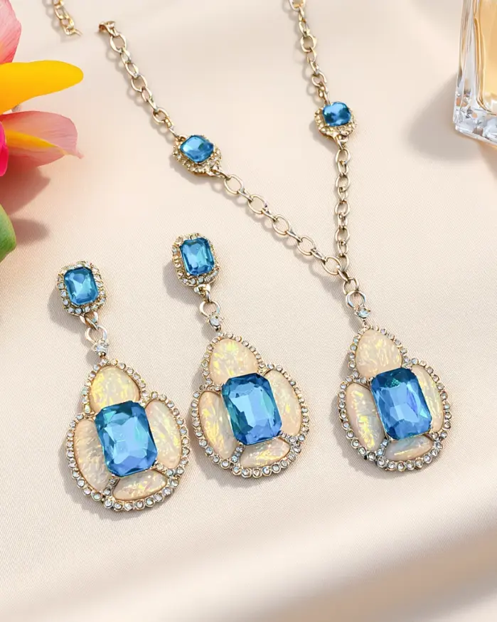 Juego de Joyería Vintage Elegante de 3 Piezas para Mujer, Collar con Flor Elíptica, Gargantilla de Cristal Brillante, Aretes Azules para Novia, Boda, Fiesta 1