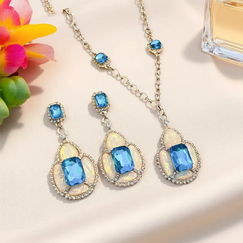 Juego de Joyería Vintage Elegante de 3 Piezas para Mujer, Collar con Flor Elíptica, Gargantilla de Cristal Brillante, Aretes Azules para Novia, Boda, Fiesta 1 Juego de Joyería Vintage Elegante de 3 Piezas para Mujer, Collar con Flor Elíptica, Gargantilla de Cristal Brillante, Aretes Azules para Novia, Boda, Fiesta 1