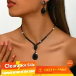 Conjunto de 3 uds de pendientes y collar con forma de lágrima negra de lujo discreto para mujer, accesorios de moda diarios para fiesta y Festival de Música 1