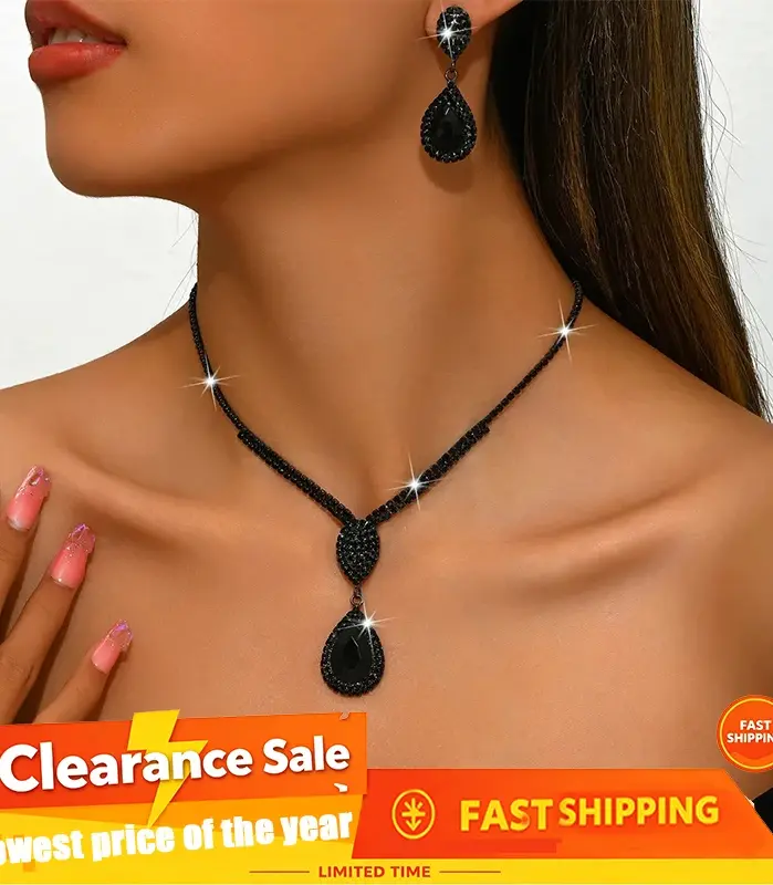 Conjunto de 3 uds de pendientes y collar con forma de lágrima negra de lujo discreto para mujer, accesorios de moda diarios para fiesta y Festival de Música 1