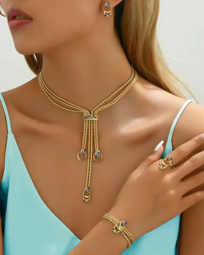 Juego de Joyería Vintage Elegante de 5 Piezas para Mujer, Collar con Borlas de Colores, Gargantilla de Cristal Brillante, Aretes para Novia, Boda, Fiesta 2