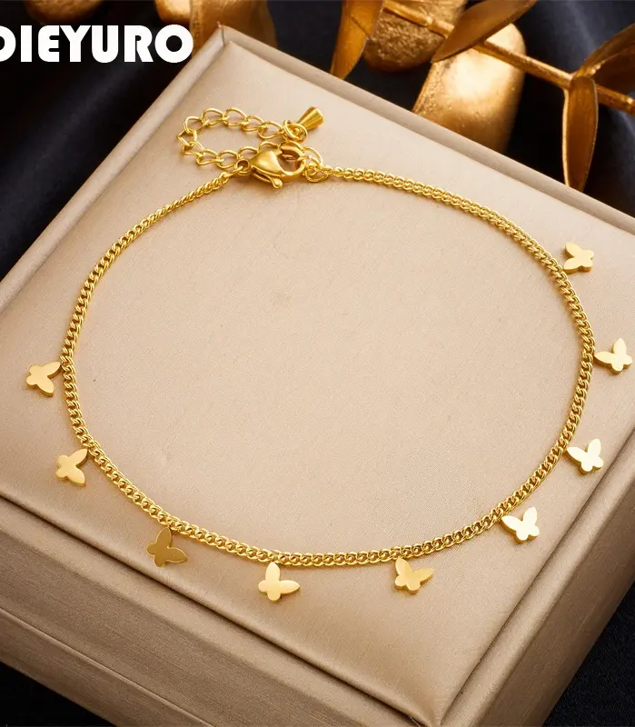 DIEYURO-tobilleras de mariposa de Color dorado de acero inoxidable 316L para mujer y niña, cadena para pierna de nueva tendencia, joyería que no se decolora, regalo para fiesta 1