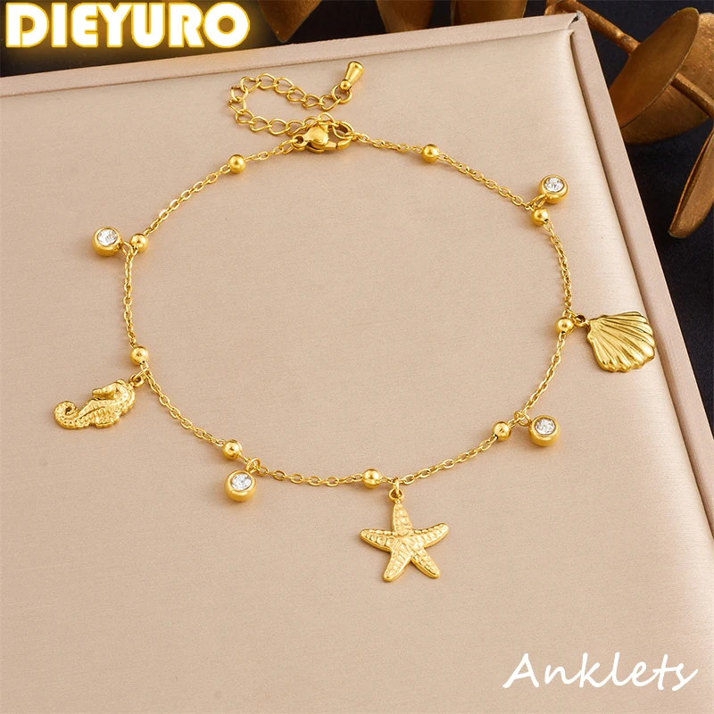 DIEYURO 316L Acero inoxidable elementos clásicos estrella de mar caballito de mar Shell colgante tobilleras mujeres moda y ocio cadena de pie 1 DIEYURO 316L Acero inoxidable elementos clásicos estrella de mar caballito de mar Shell colgante tobilleras mujeres moda y ocio cadena de pie 1