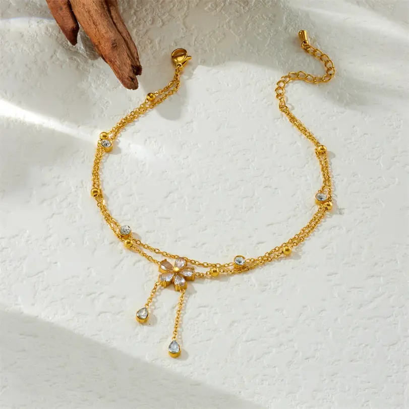 DIEYURO-tobillera de doble capa con borla de flores y diamantes de imitación blancos de acero inoxidable 316L para mujer, cadena para pie a la moda, joyería, regalo de vacaciones 4
