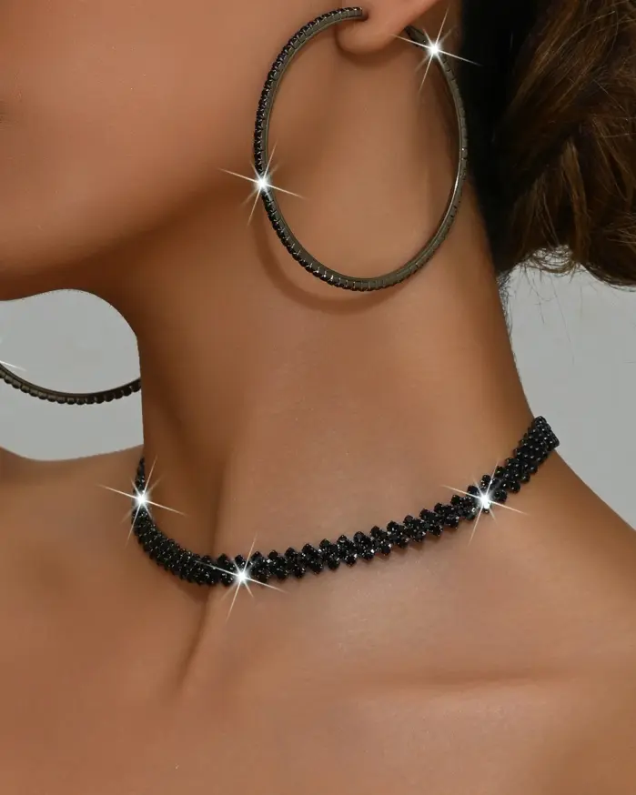 Pendientes de Aro Grandes con Cristales Negros Brillantes y Diamantes de Imitación, Joyería de Moda para Mujer, Collar y Pendientes Llamativos 2